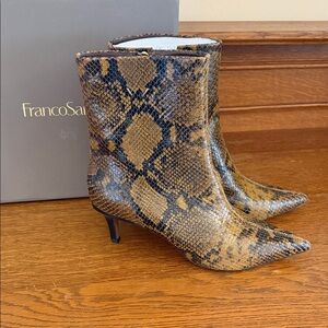 Franco Sarto Tan and Black Snake Print Heeled Boots